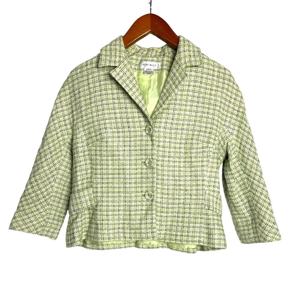 Vintage Y2K Size L Nine West Green Tweed Short Blazer Jacket St Patricks Day Top